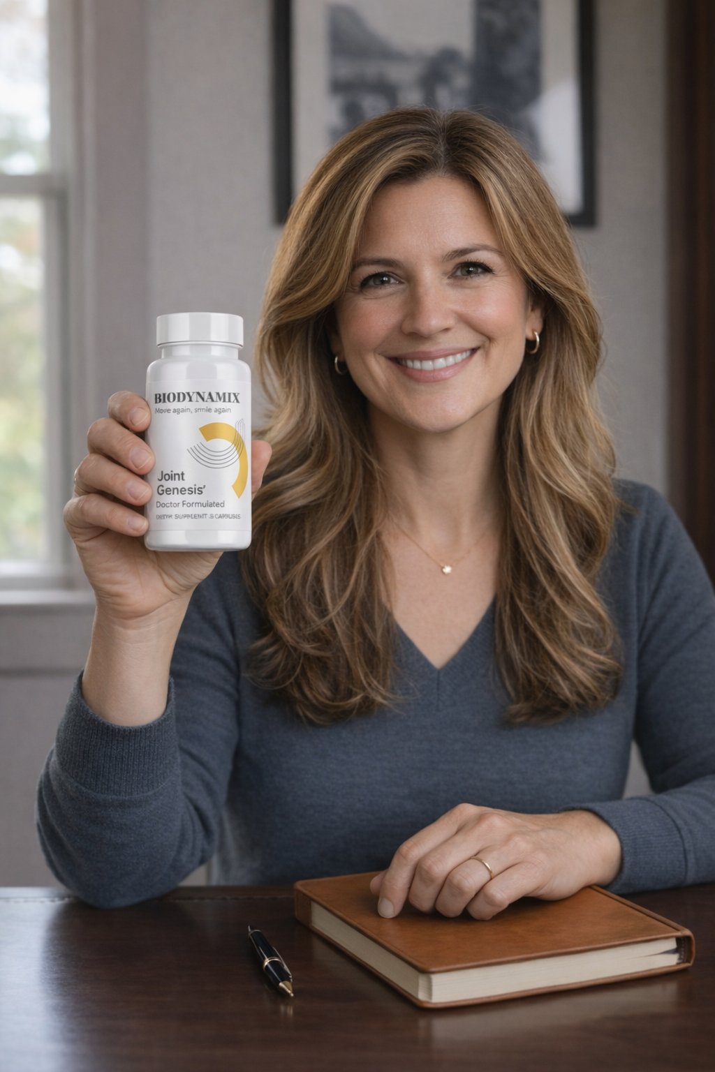 Joint Genesis BioDynamix supplement woman smiling holding bottle joint health